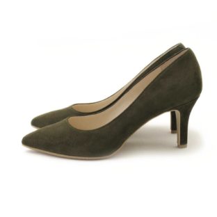 [ ご予約受付中 ]カーキスエード  75mmヒール  ラウンドトウ プレーンパンプス　