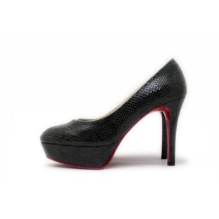 黒パイソン（ヘビ）プリント型押し プラットフォーム付きラウンドトウパンプス